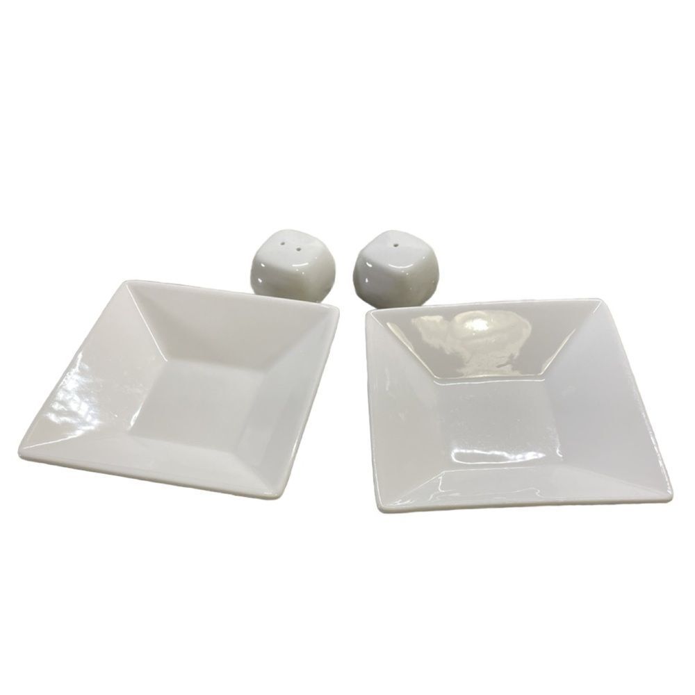 Fortressa Fortaluxe Small 5” White Ceramic Sauce Dishes & Small S&P Shakers